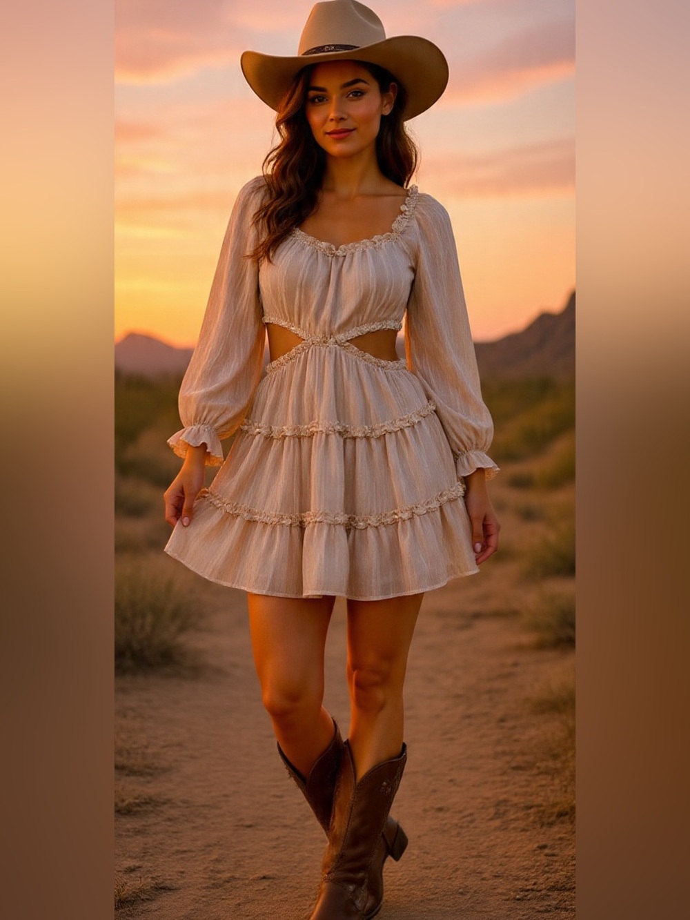 🍓HYFVE Cream Tiered Diamond Cutout Long-Sleeve Ruffled Mini Dress🍓
